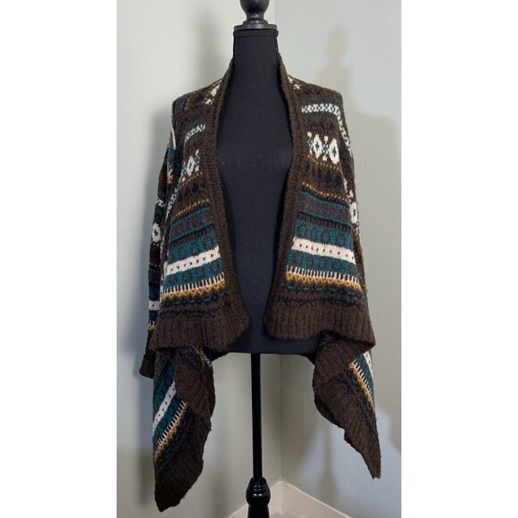 Anthropologie | Sleeping On Snow Brown Aztec Open Front Waterfall Cardigan M - Picture 1 of 7